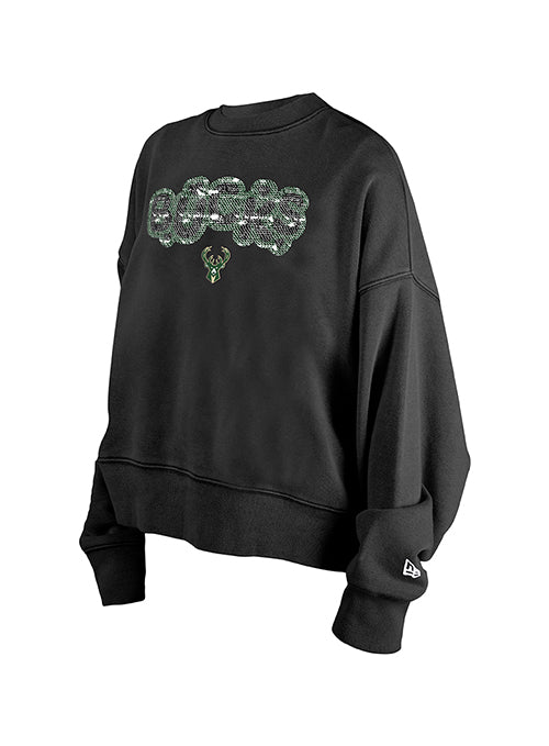 Youth Girl's New Era Sequin Milwaukee Bucks Crewneck Sweatshirt-front