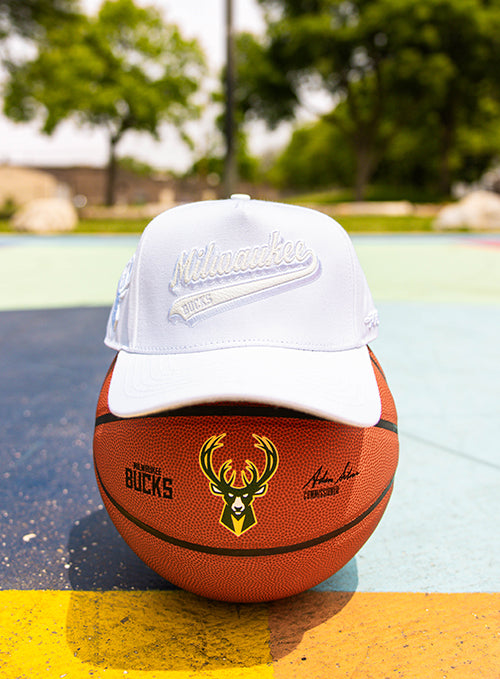 Pro Standard White Out Milwaukee Bucks Pinch Front Snapback Hat- HAT ON BALL