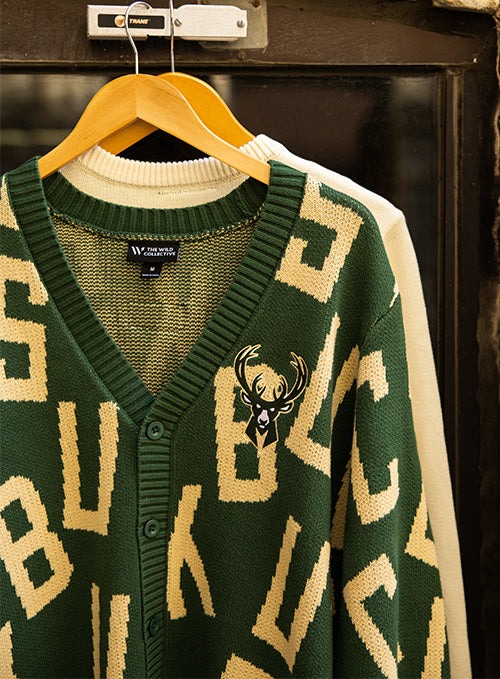 Bucks In Six x The Wild Collective Letter Scramble Milwaukee Bucks Button Cardigan-front