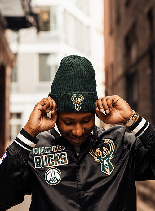 Pro Standard Milwaukee Bucks Holiday 2024 Icon Knit Beanie Hat-model front