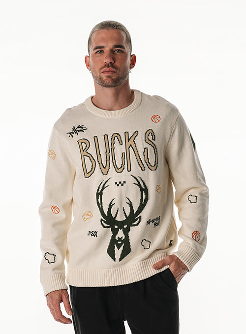 Bucks In Six x The Wild Collective All Over Print Jacquard Milwaukee Bucks Crewneck Sweatshirt-front