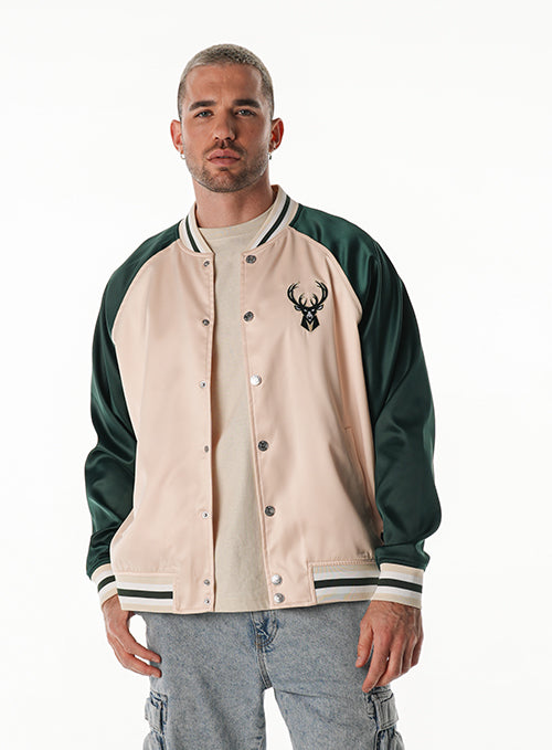 Bucks In Six x The Wild Collective 3 Line Milwaukee Bucks Satin Jacket-front
