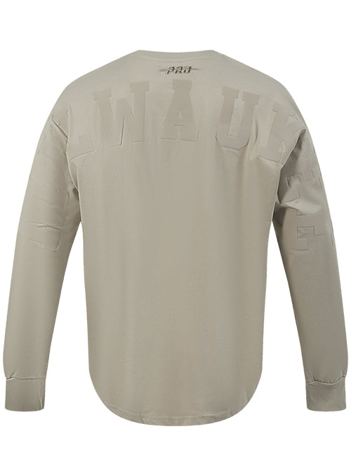 Pro Standard Wingspan Milwaukee Bucks Taupe Drop Shoulder Long Sleeve T-Shirt-angled back
