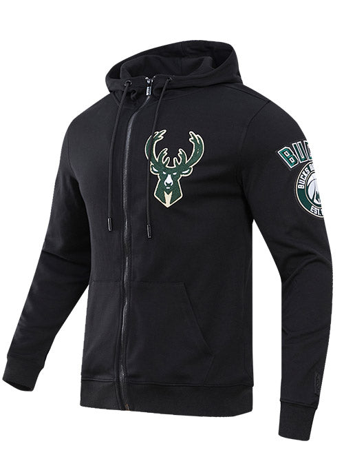 Pro Standard Logos Black Milwaukee Bucks Full-Zip Hooded Sweatshirt - Front Left View