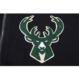 Pro Standard Logos Black Milwaukee Bucks Full-Zip Hooded Sweatshirt - Zoom View On Left Chest Graphic