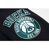 Pro Standard Logos Black Milwaukee Bucks Full-Zip Hooded Sweatshirt - Zoom View On Left Shoulder Graphics
