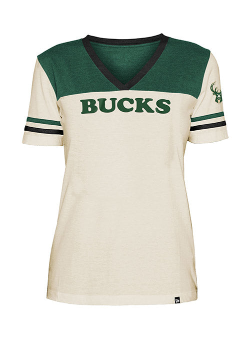 Women's New Era Throwback Milwaukee Bucks V-Neck T-Shirt In Cream & Green - Front View