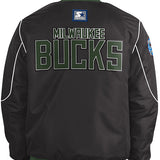 Starter Block Out Milwaukee Bucks Snap Varsity Jacket In Black - Back View On Model