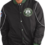 Starter Block Out Milwaukee Bucks Snap Varsity Jacket In Black - Front View On Model