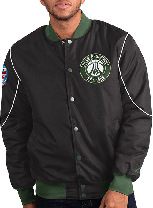 Starter Block Out Milwaukee Bucks Snap Varsity Jacket In Black - Front View On Model