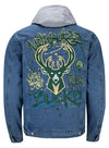 The Wild Collective Denim Graffiti Milwaukee Bucks Hooded Jacket In Blue & Green - Back View