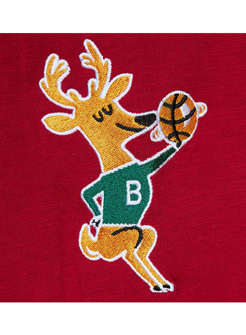 Mitchell & Ness HWC '68 Legendary Slub Red Milwaukee Bucks Long Sleeve Hooded T-Shirt in Red - Zoomed Left Arm Logo View
