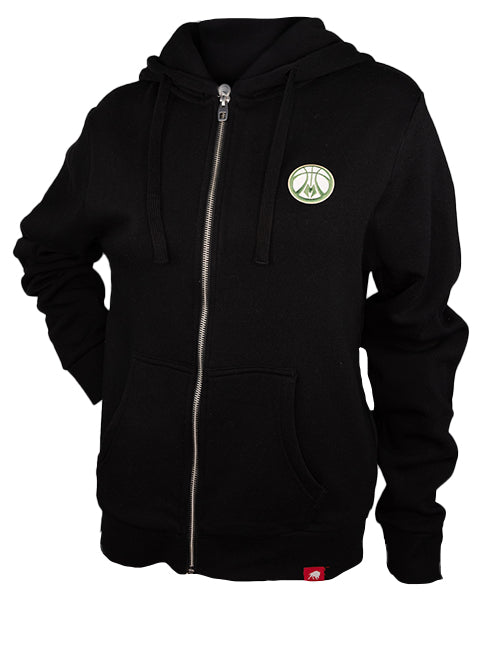 Women's Sportiqe Ally Ball Logo Black Milwaukee Bucks Full-Zip Hooded Sweatshirt- front