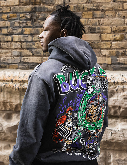 Warren Lotas Milwaukee Bucks in Six Myth of Milwaukee Hooded Sweatshirt- photoshoot back