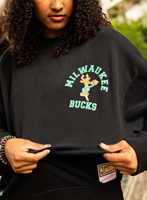 Women's Mitchell & Ness HWC '68 Founded Milwaukee Bucks Crewneck Sweatshirt-model 2