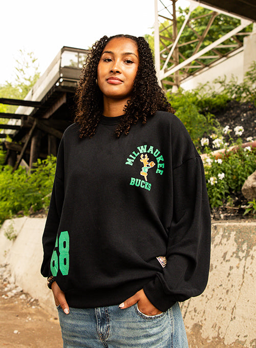 Women's Mitchell & Ness HWC '68 Founded Milwaukee Bucks Crewneck Sweatshirt-model 1