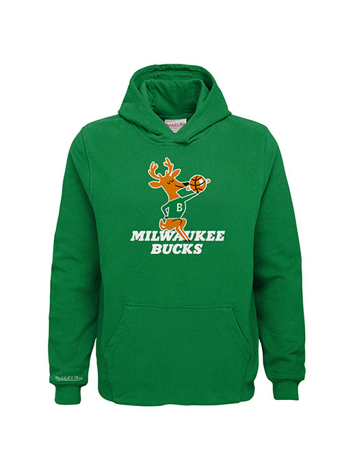 Youth Mitchell & Ness Retro Logo Milwaukee Bucks Hooded Sweatshirt in Green - Front View