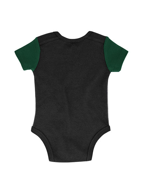 Infant Outerstuff Scoring Streak Milwaukee Bucks 3-Piece Onesie Set in Grey, Green, and Black - Back View