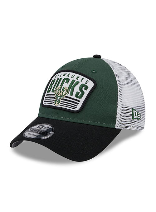 New Era Youth 9Forty 2Tone Patch Milwaukee Bucks Adjustable Hat in Green and White - Angled Left Side View