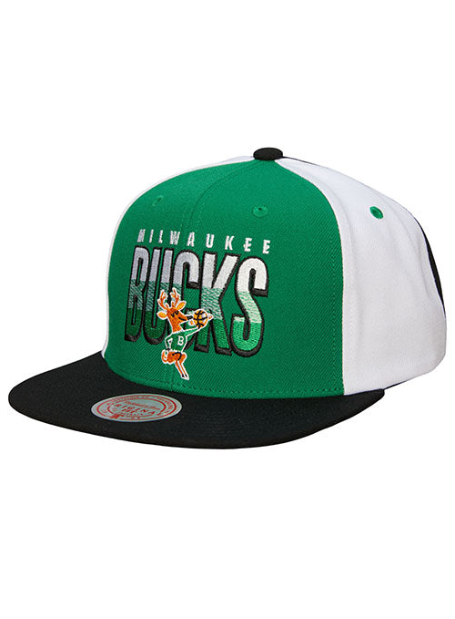 Mitchell & Ness HEC '68 Billboard Milwaukee Bucks Snapback Hat in Green, White, and Black - Angled Left Side View