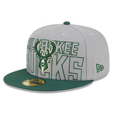 New Era Draft 2023 Grey 59FIfty Milwaukee Bucks Fitted Hat- in Grey and Green - Angled Left Side View