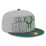 New Era Draft 2023 Grey 59FIfty Milwaukee Bucks Fitted Hat- in Grey and Green - Angled Right Side View