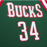Mitchell & Ness HWC '13 Giannis Antetokounmpo Milwaukee Bucks Swingman jersey In Green, Red & White - Zoom View On Front Logo & Number