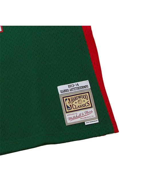 Mitchell & Ness HWC '13 Giannis Antetokounmpo Milwaukee Bucks Swingman jersey In Green, Red & White - Zoom View On Left Hip HWC Tag