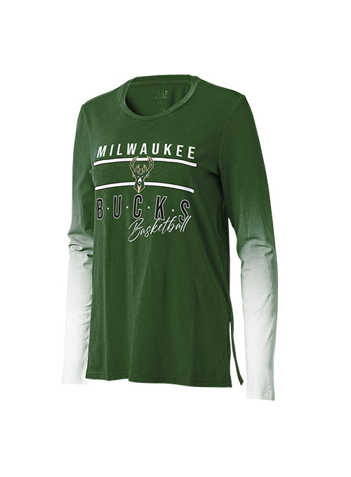 Women's Wear By Erin Andrews Dip Dye Green Milwaukee Bucks Long Sleeve T-Shirt- front