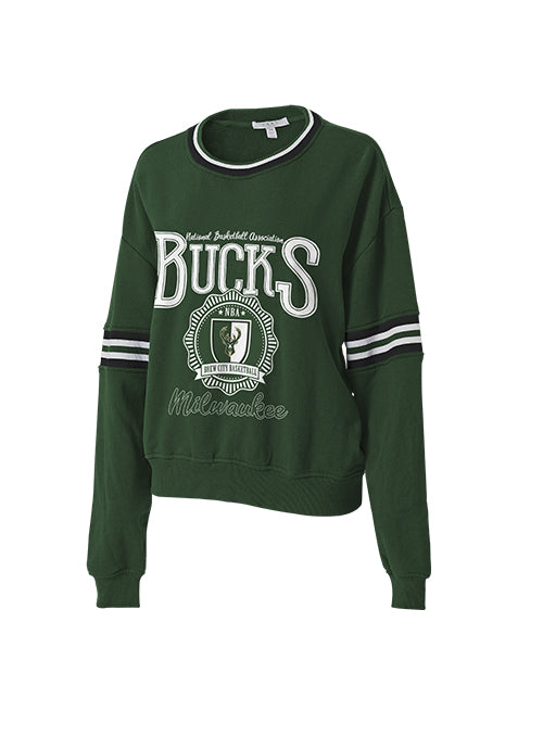 Women's Wear By Erin Andrews Retro French Terry Green Milwaukee Bucks Crewneck Sweatshirt- front