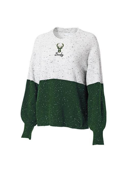 Women's Wear By Erin Andrews Color Block White & Green Milwaukee Bucks Sweatshirt-front