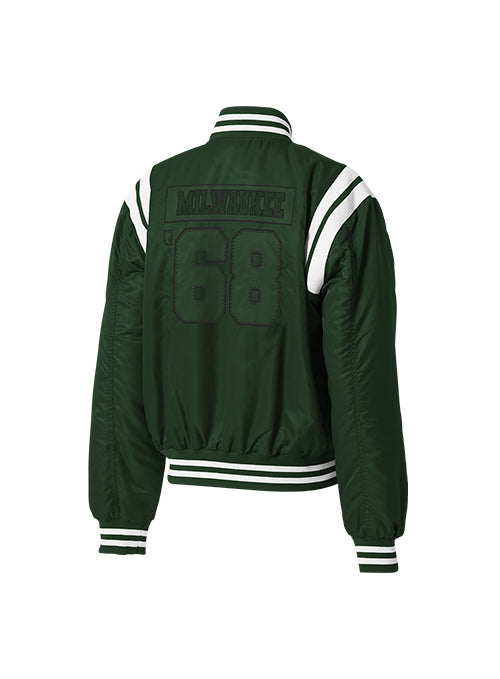 Women's Wear By Erin Andrews Green Milwaukee Bucks Satin Bomber Jacket-back