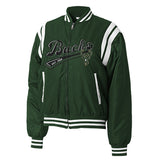 Women's Wear By Erin Andrews Green Milwaukee Bucks Satin Bomber Jacket-front