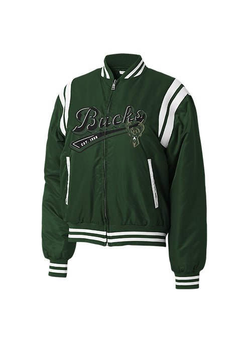 Women's Wear By Erin Andrews Green Milwaukee Bucks Satin Bomber Jacket-front