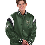 Starter Shutout Green Milwaukee Bucks Satin Varsity Jacket-front
