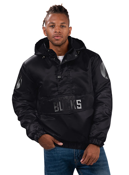 Starter Force Play Black Milwaukee Bucks 1/2 Snap Hooded Pullover Jacket-front