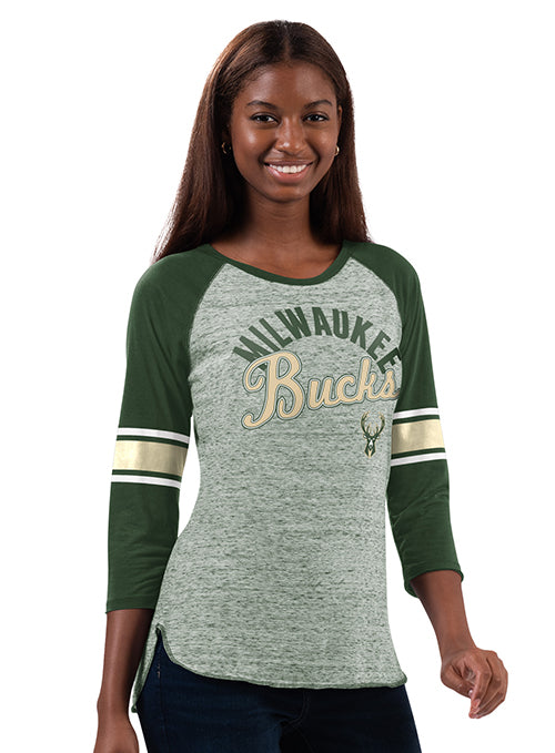 Women's G-III Recover Green Milwaukee Bucks 3/4 Sleeve T-Shirt-front
