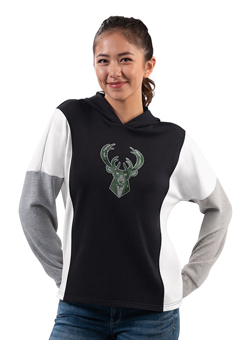 Women's G-III Game Plan Rhinestones Milwaukee Bucks Hooded Sweatshirt- front