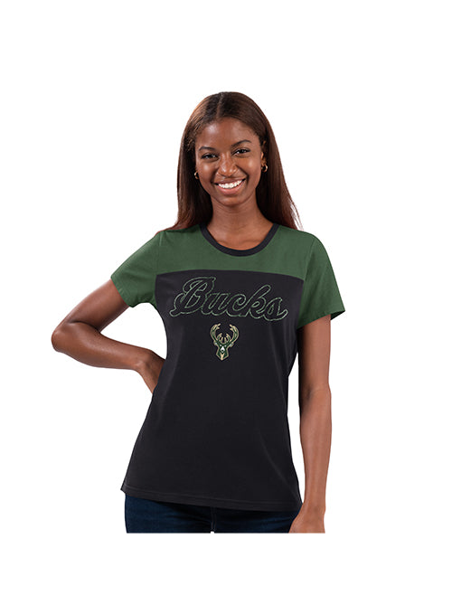 Women's G-III Cheer Glitter Milwaukee Bucks T-Shirt