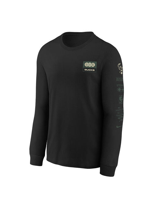 Youth Nike Essential Fade Milwaukee Bucks Long Sleeve T-Shirt in Black - Front View