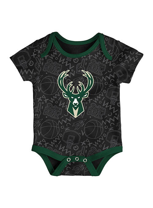 Newborn Outerstuff Slam Dunk Milwaukee Bucks 3-Piece Creeper Set - Black Onesie Front View
