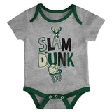 Newborn Outerstuff Slam Dunk Milwaukee Bucks 3-Piece Creeper Set - Grey Onesie Front View