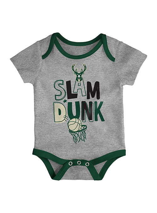 Newborn Outerstuff Slam Dunk Milwaukee Bucks 3-Piece Creeper Set - Grey Onesie Front View
