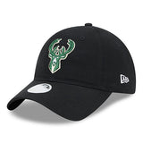 Women's New Era 9Twenty Icon Milwaukee Bucks Adjustable Hat in Black - Angled Left Side View