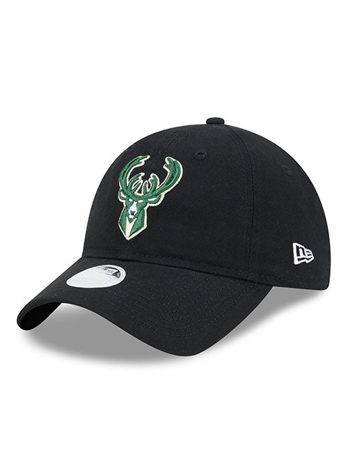 Women's New Era 9Twenty Icon Milwaukee Bucks Adjustable Hat in Black - Angled Left Side View