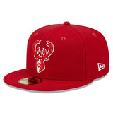 New Era Tonal Conference Patch 59Fifty Milwaukee Bucks Fitted Hat in Red - Angled Left Side View
