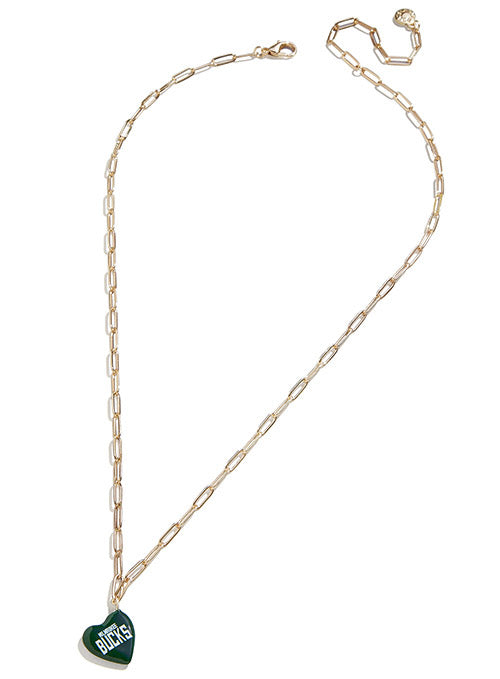 BaubleBar Heart Wordmark Milwaukee Bucks Charm Necklace In Gold & Green - Front View