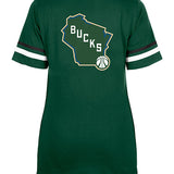 Women's New Era Front and Milwaukee Bucks V-Neck T-Shirt in Green - Back View