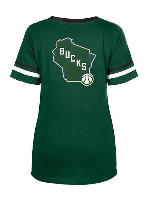 Women's New Era Front and Milwaukee Bucks V-Neck T-Shirt in Green - Back View