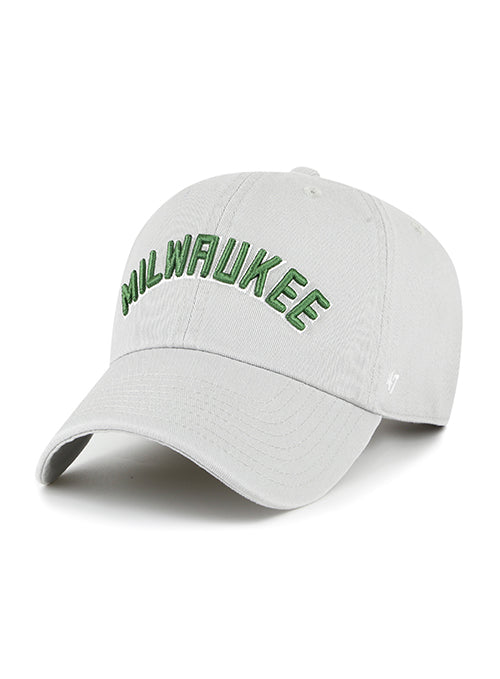 '47 Brand Clean Up Text Grey Milwaukee Bucks Adjustable Hat- angled left